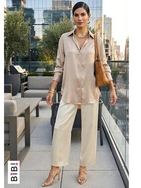 BIBI - Long sleeve collared beige satin blouse